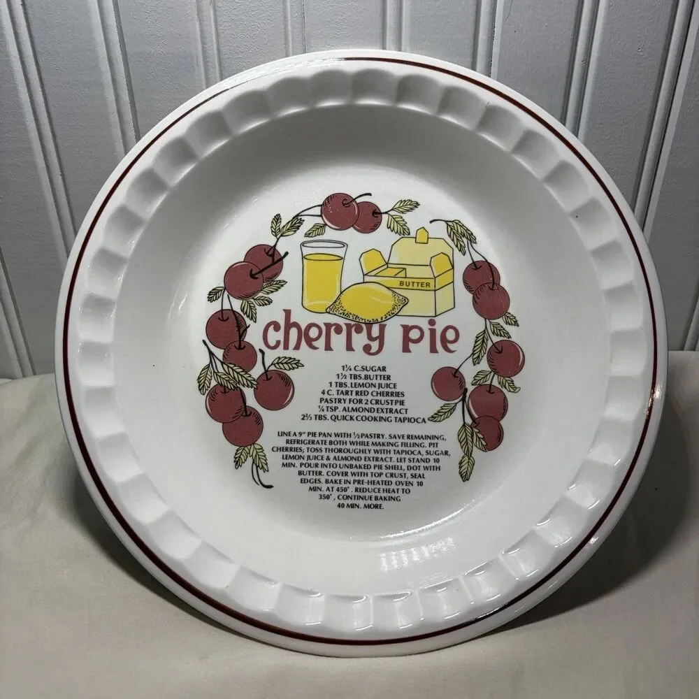 VTG Cherry Pie Dish With Printed Recipe Hankook Super Strong